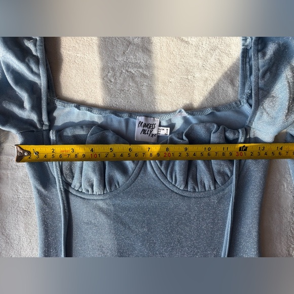 Princess Polly | 4 | Blue Silver Sparkle Long Sleeve Halter Neck Tie Mini Dress - Picture 8 of 13